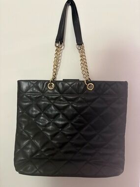 Talbots Black Leather Quilted Chain-Handle Tote Bag